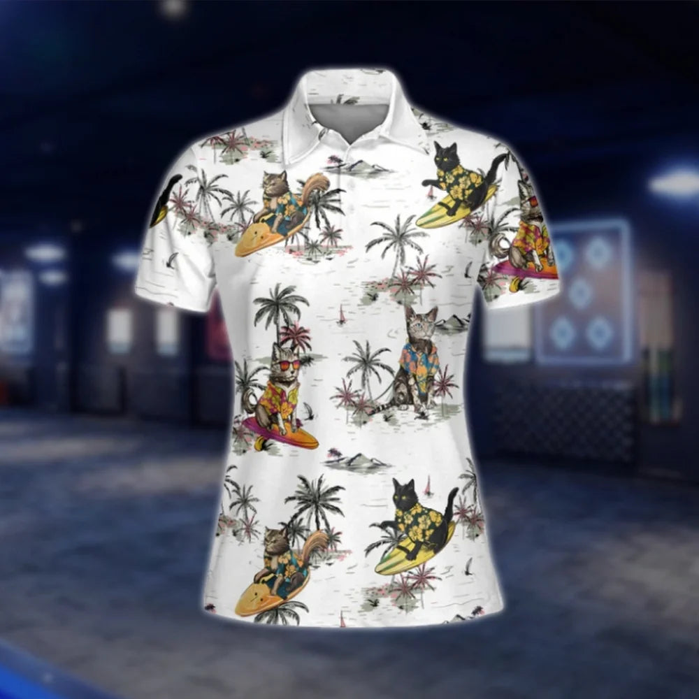 Cat Tropical White Golf Polo Shirts Women, Womens Cat Golf Shirts GOF0284