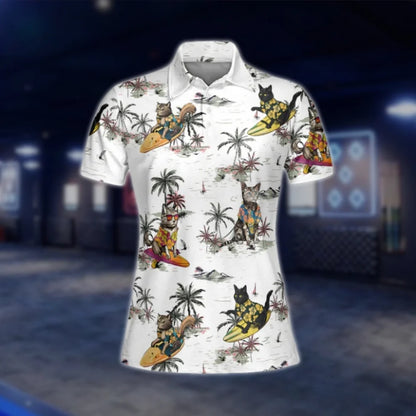 Cat Tropical White Golf Polo Shirts Women, Womens Cat Golf Shirts GOF0284