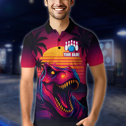 Personalized Sunset Dinosaur Bowling Polo Shirt Mens, Custom Team Dinosaur Bowling Shirt BZ0879 BOW0064