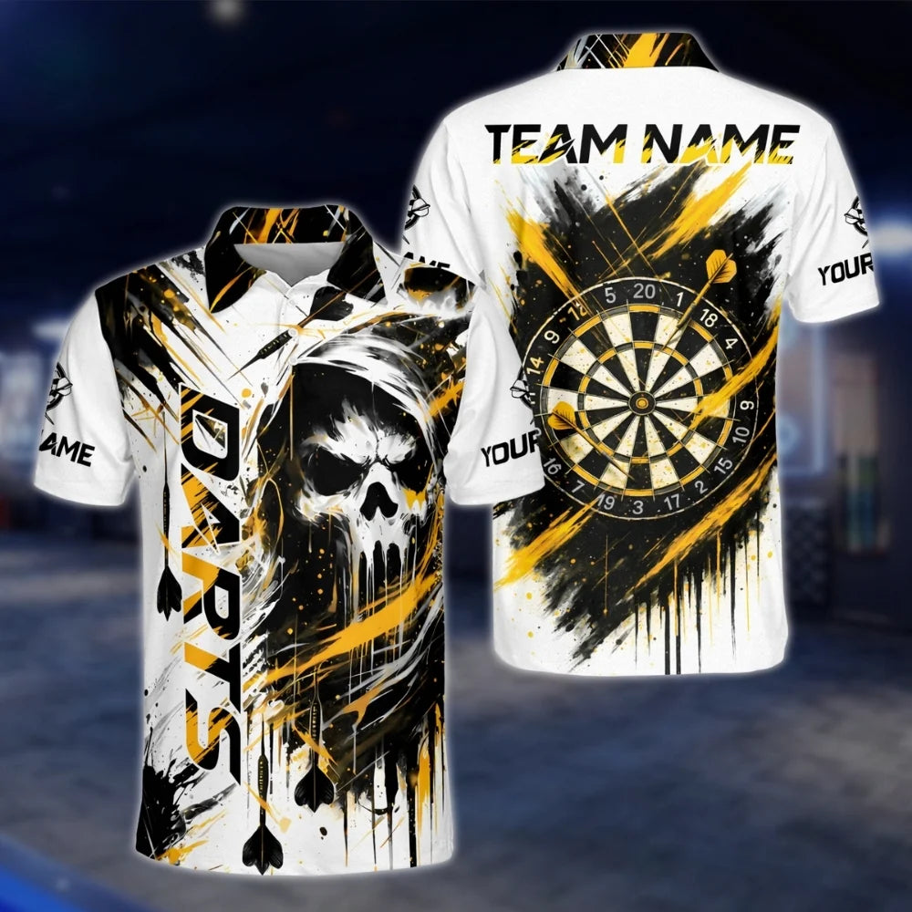 Custom Skeleton Black And White Dart Mens Polo Shirt, Custom Skull Dart Team Shirt DAT0468