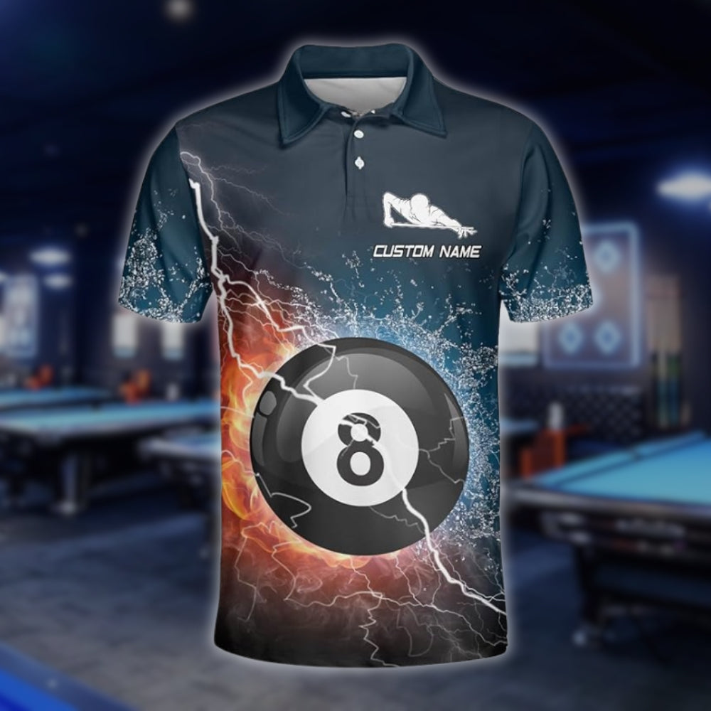 Custom Flame Thunder 8 Ball Billiard Men Polo Shirts, Custom 8 Ball Billiard Team Shirts BLD0096