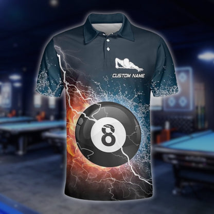 Custom Flame Thunder 8 Ball Billiard Men Polo Shirts, Custom 8 Ball Billiard Team Shirts BLD0096