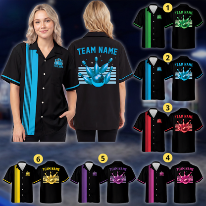 Personalized Vinatge Team Neon Blue Black Bowling Hawaiian Shirt, Custom Bowling Shirts BE0252 BOW0030