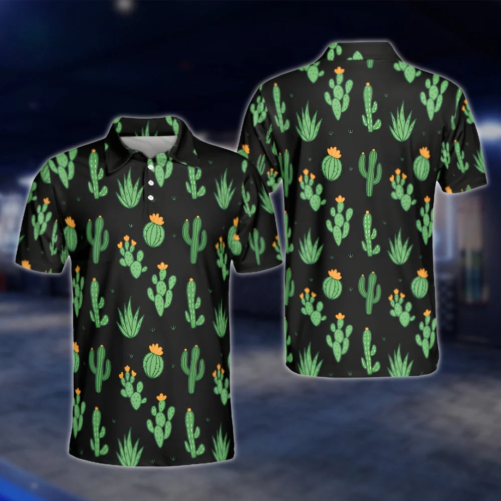 Matching Cactus Black Golf Shirts For Men And Women, Cactus Couple Golf Shirts GOF0172