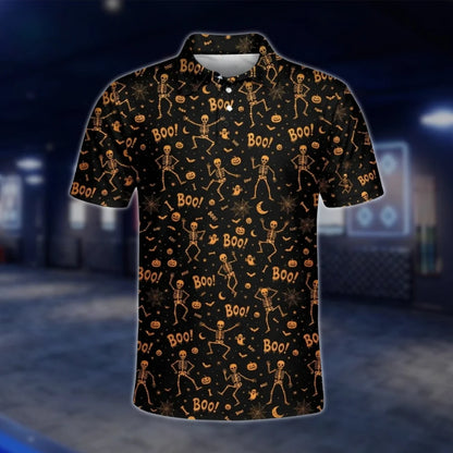 Skeleton Orange Black Halloween Golf Polo Shirt For Men, Halloween Golf Shirt GOF0022