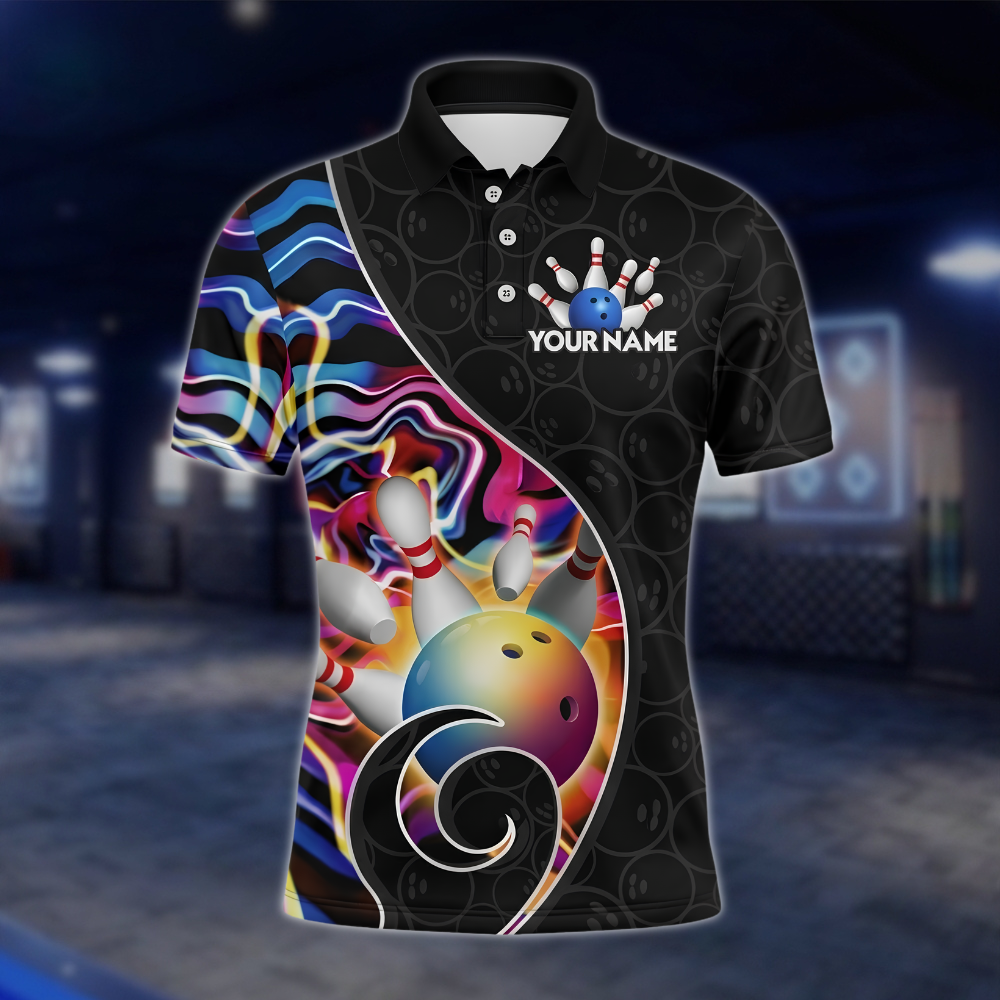 Personalized Team Multicolor Wave Bowling Polo Shirt, Men's Custom Bowling Shirt BZ0902 BOW0041