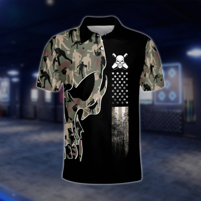 Personalized Camouflage Skull Polo Bowling Team Shirts For Men, Custom Skull Bowling Shirt BM0119 BOW0427