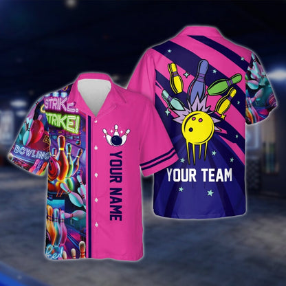 Custom Retro Neon Blue Bowling Hawaiian Shirt Men Women, Custom Retro Bowling Team Shirts BE0016 BOW0365