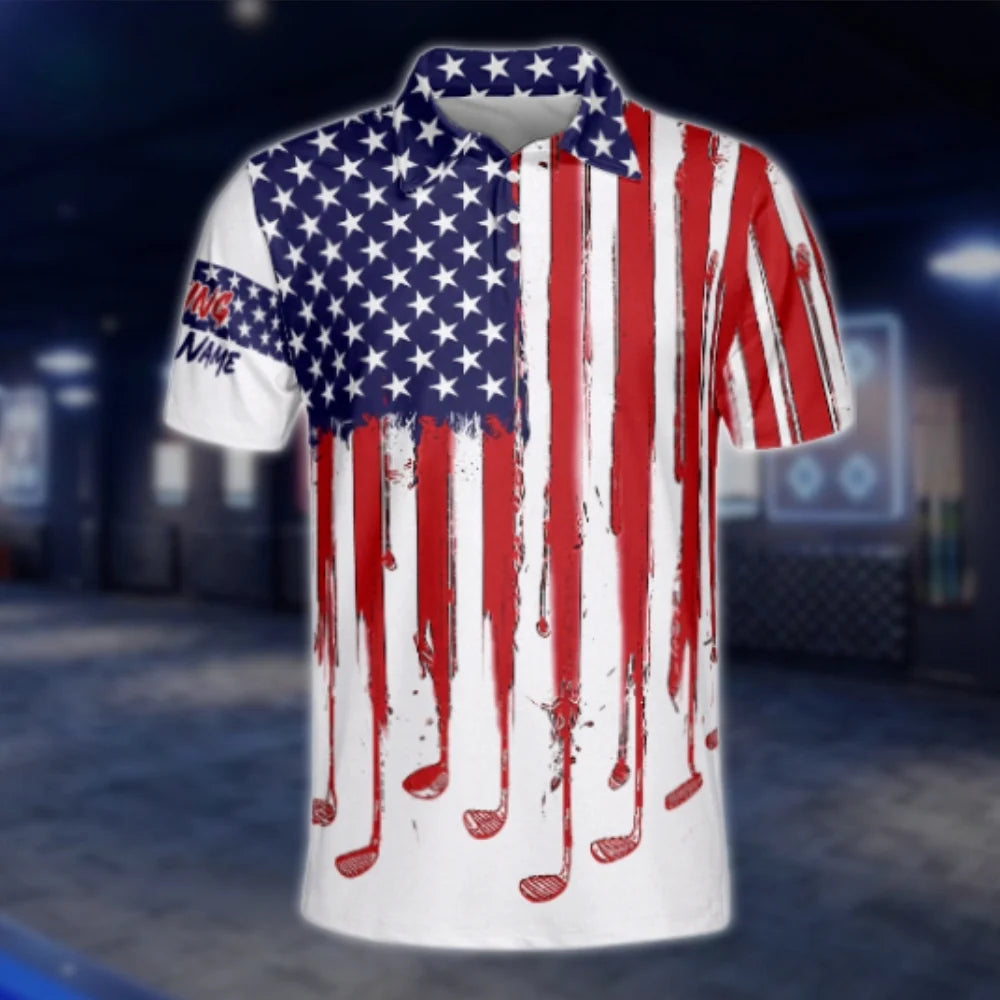 Personalized American Flag White Red Blue Men's Golf Polo Shirt, Custom Patriotic Golf Shirt GOF0098