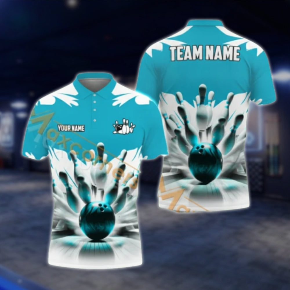Custom Team Blue White Bowling Polo Shirts For Mens, Custom Bowling Shirts BA0024 BOW0375