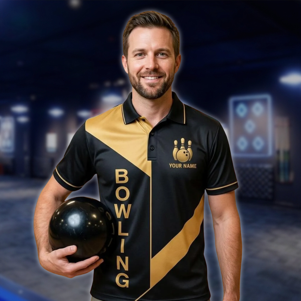 Personalized Men's Team Bowling Polo Shirt Black And Gold, Custom Bowling Team Shirts BE0240 BOW0085
