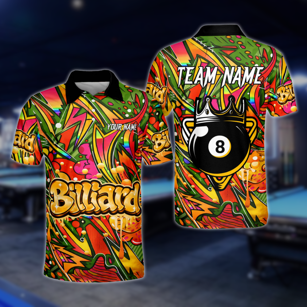 Custom Team Graffiti 8 Ball Polo Shirt Mens, Custom 8 Ball Billiard Team Shirts BLD0119