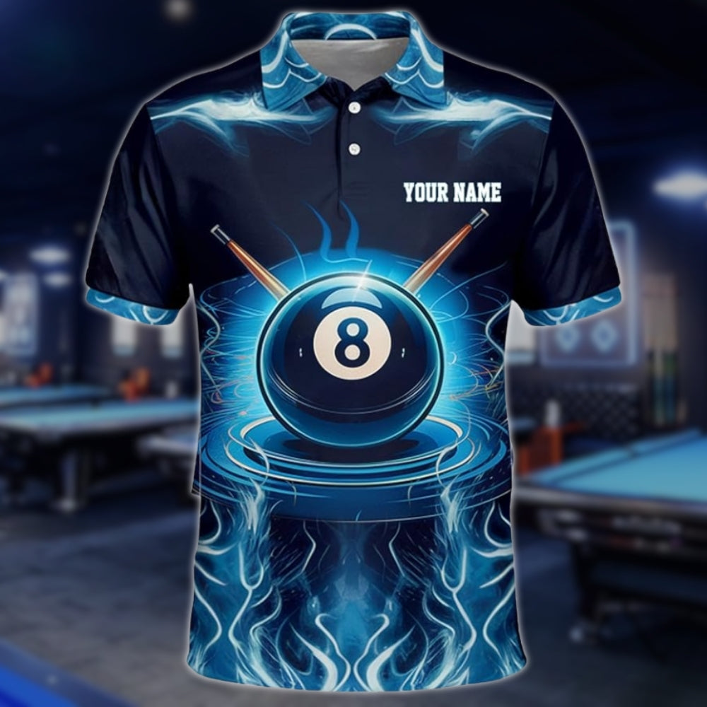 Custom Blue Flame Lightning 8 Ball Billiard Polo Shirt Mens, Custom Flame 8 Ball Pool Team Shirts BLD0154