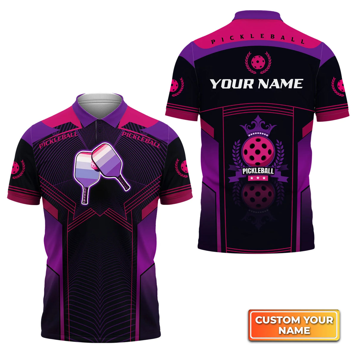 Pickleball Paddles Purple Pattern Personalized Name 3D Polo Shirt QB95 Gift For Pickleball Player PKL0009
