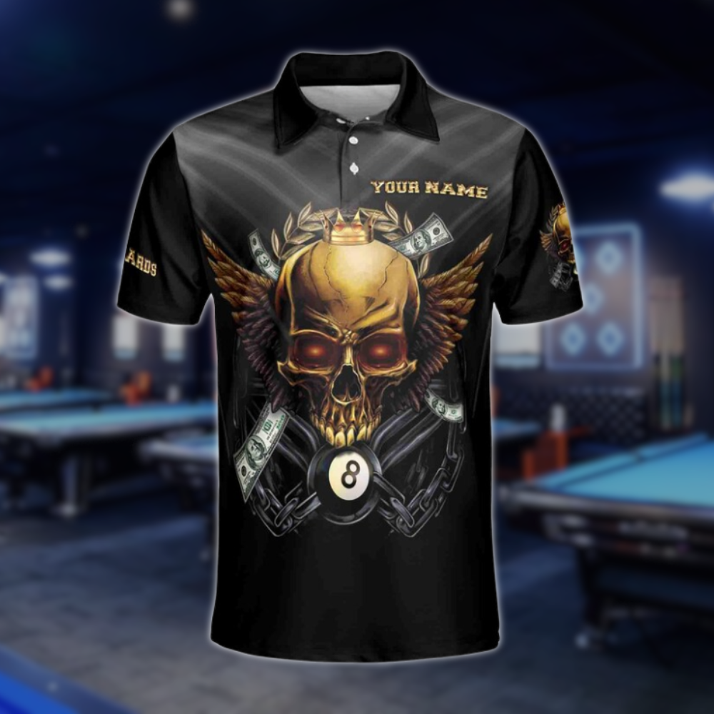 Custom Golden Skull Billiard Mens Polo Shirt, Custom Skull Billiard Shirts For Team BLD0124
