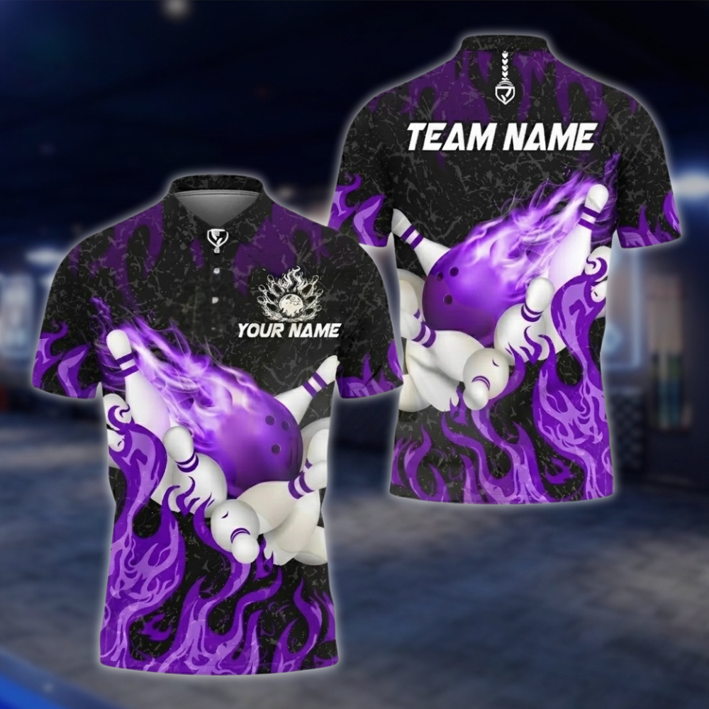 Personalized Flaming Cyan Bowling Polo Shirt, Custom Flame Team Bowling Shirts BZ0745 BOW0174