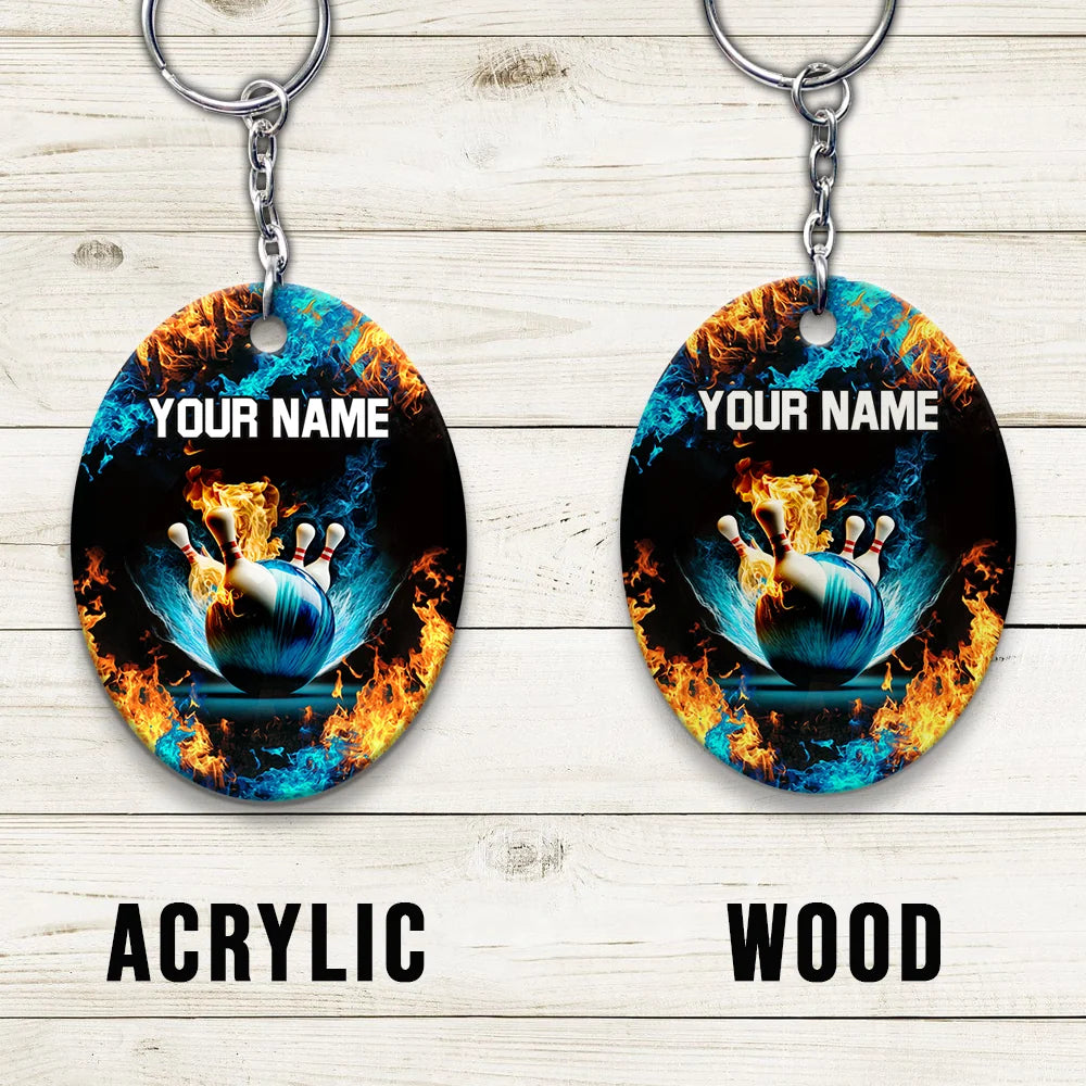 Blue Bowling Ball And Pins On Fire Personalized Name 3D Keychain ORN0178