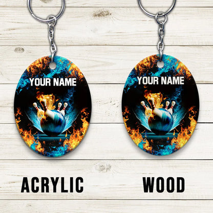 Blue Bowling Ball And Pins On Fire Personalized Name 3D Keychain ORN0178