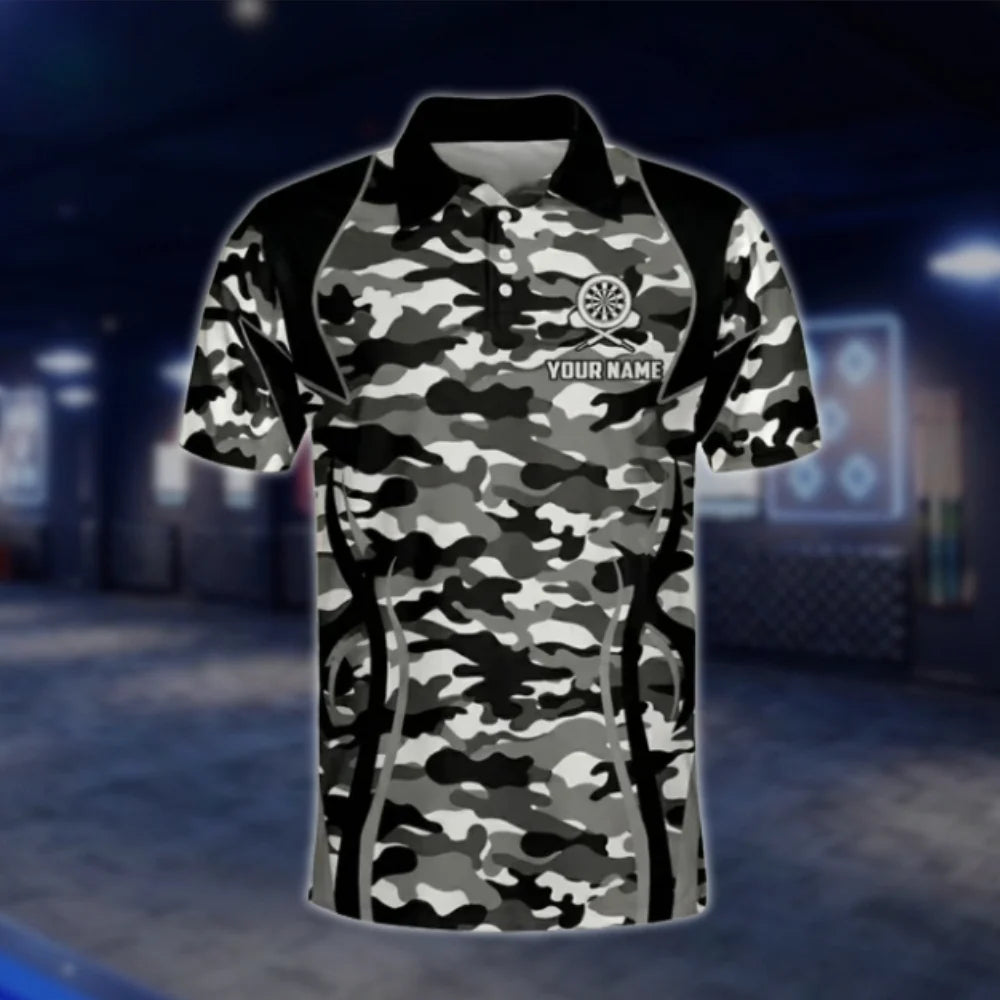 Custom Mens Camo Skull Dart Polo Shirt, Black And White Custom Camo Dart Shirt DAT0449