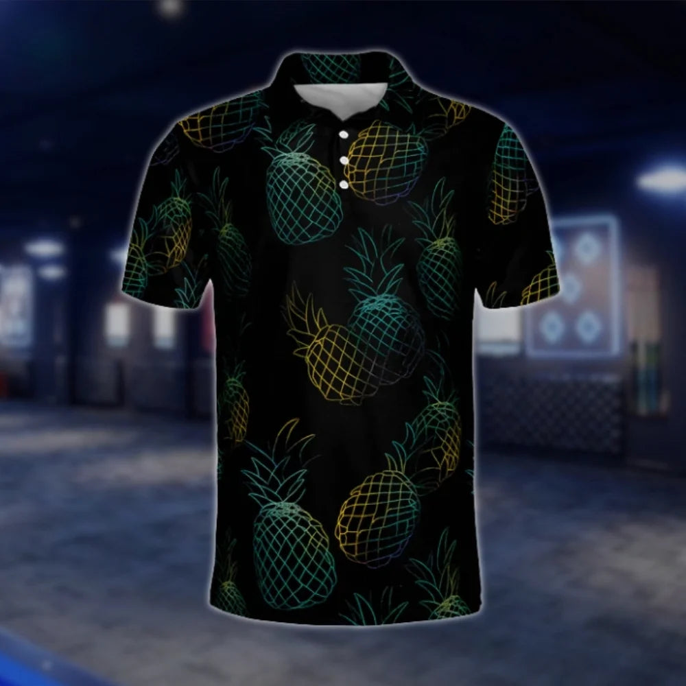 Men's Neon Pineapple Black Golf Polo Shirts, Pineapple Golf Shirts GOF0264