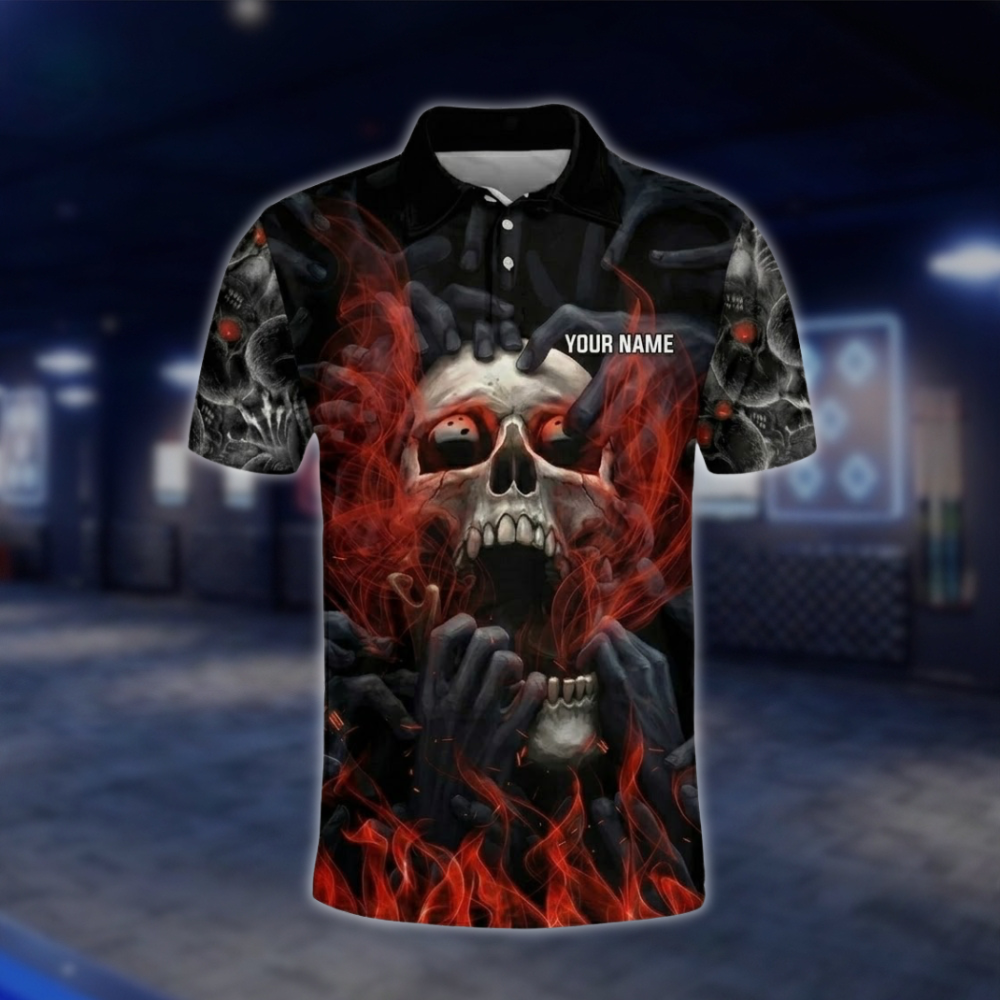 Personalized Smoke Skeketon Red Black Bowling Polo Shirt Mens, Custom Skull Bowling Shirt With Name BZ0762 BOW0157