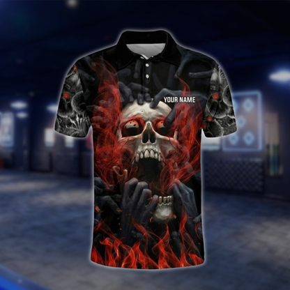 Personalized Smoke Skeketon Red Black Bowling Polo Shirt Mens, Custom Skull Bowling Shirt With Name BZ0762 BOW0157