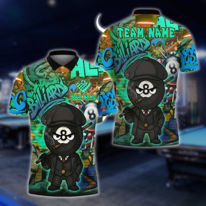 Custom 8 Ball Graffiti Men's Billiard Polo Shirts, Custom 8 Ball Pool Team Shirts BLD0045