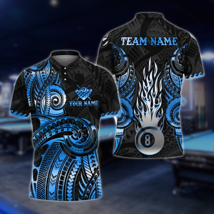 Custom Tribal Black And Grey 8 Ball Billiard Polo Shirt For Men, Custom Tribal Billiard Team Shirts BLD0009
