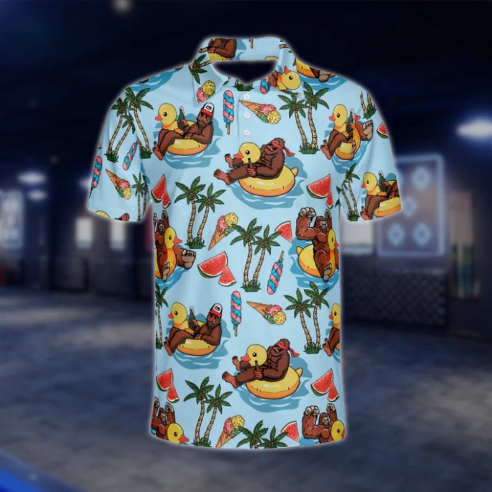 Sasquatch Bigfoot Palm Tree Beach Golf Polo Shirts For Men, Bigfoot Golf Shirts GOF0202