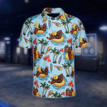 Sasquatch Bigfoot Palm Tree Beach Golf Polo Shirts For Men, Bigfoot Golf Shirts GOF0202
