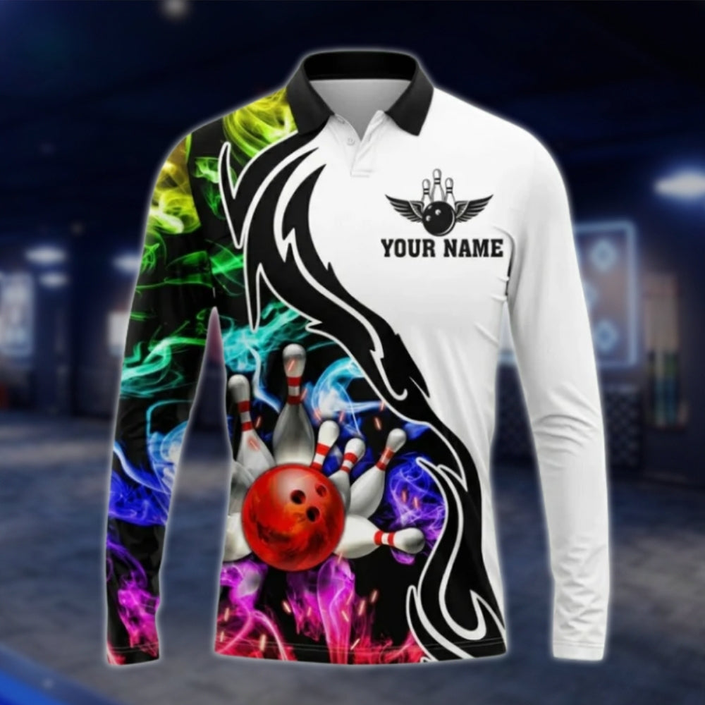 Custom Team Multicolor Smoke Bowling Long Sleeve Polo Shirt For Mens, Custom Bowling Team Shirts BO0263 BOW0372