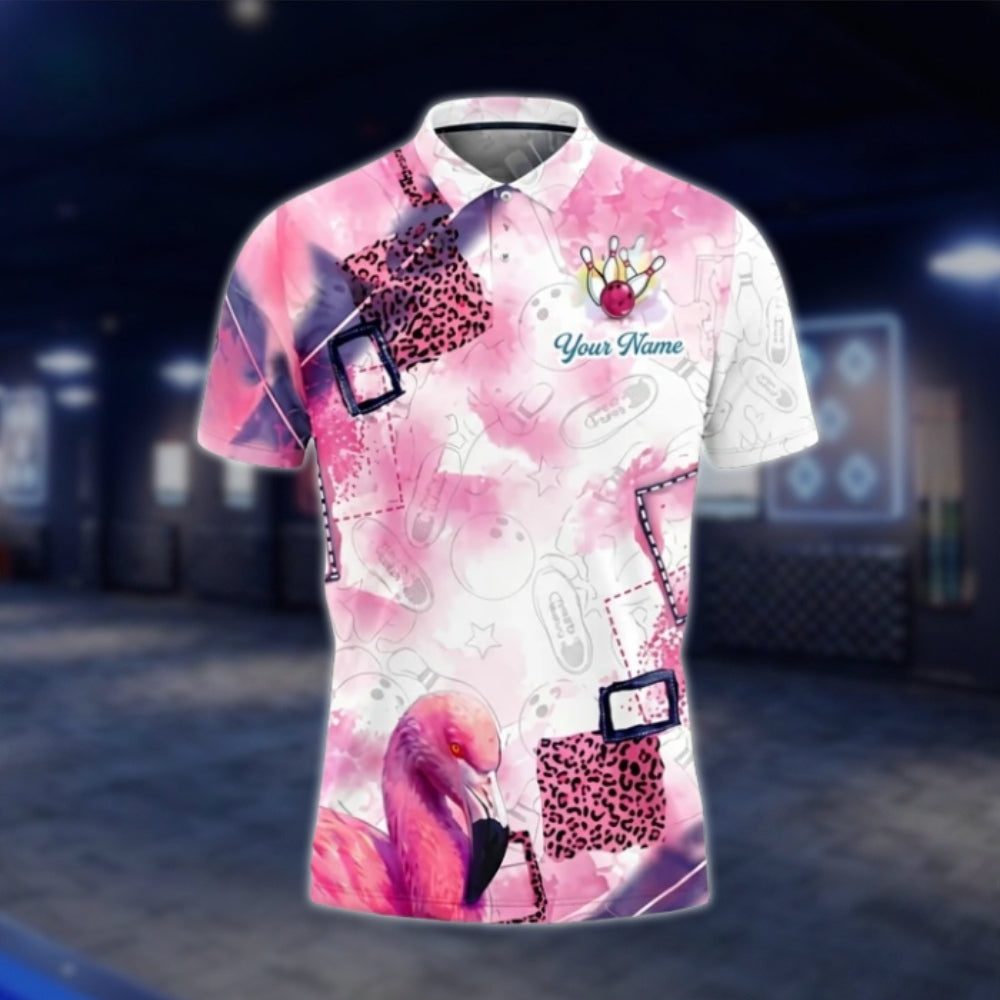 Flamingo Pink Leopard Custom Mens Bowling Polo Shirt, Custom Flamingo Bowling Team Shirts BO0352 BOW0197