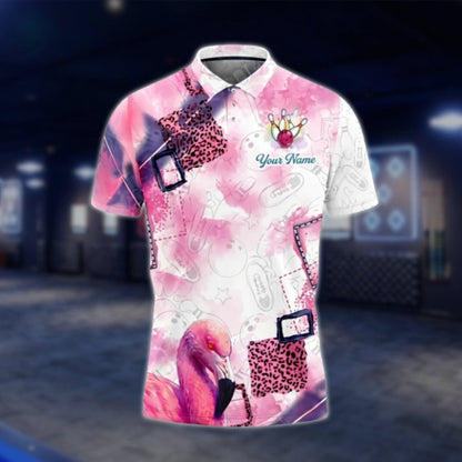 Flamingo Pink Leopard Custom Mens Bowling Polo Shirt, Custom Flamingo Bowling Team Shirts BO0352 BOW0197