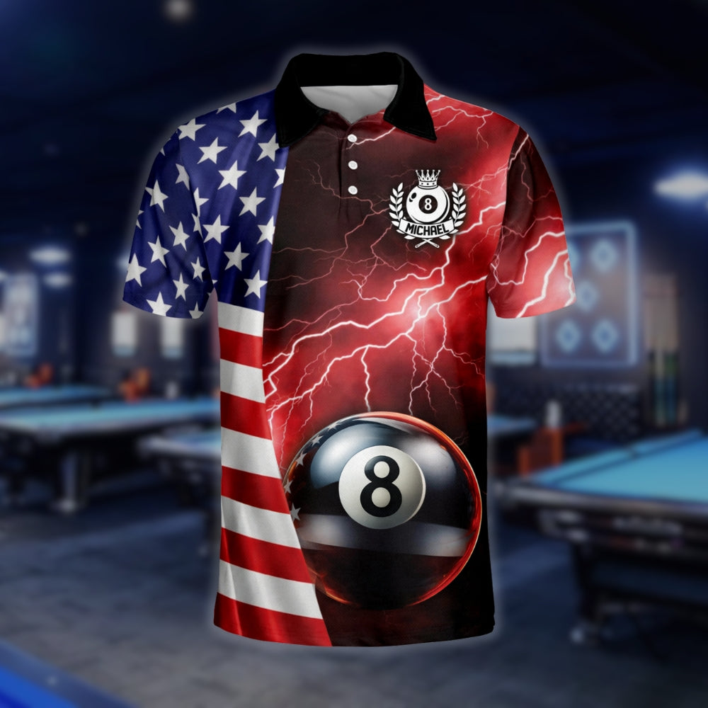Custom USA Flag 8 Ball Polo Shirt Mens, Custom Patriotic Billiard Shirts For Team BLD0085