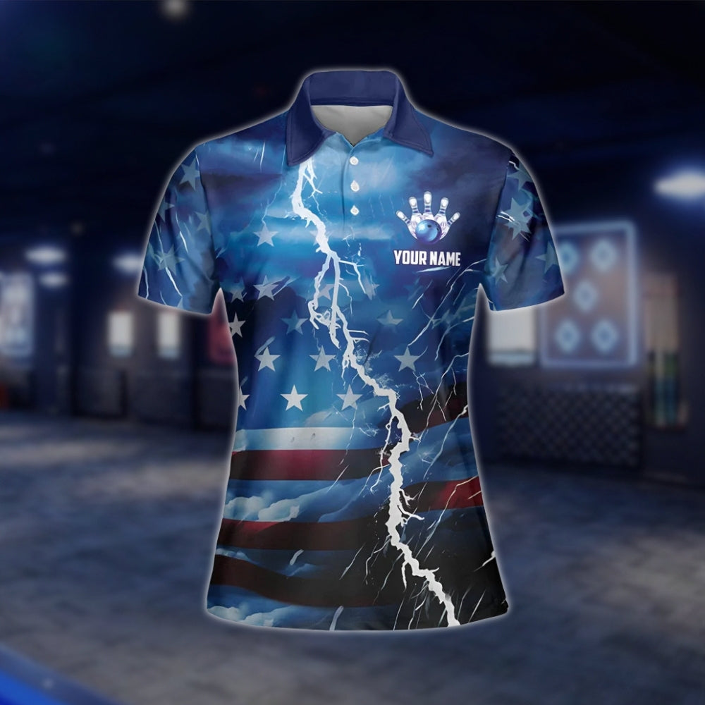 Womens Custom Amercian Flag Thunder Bowling Polo Shirt, Custom Patriotic Bowling Team Shirts For Ladies BW0122 BOW0251