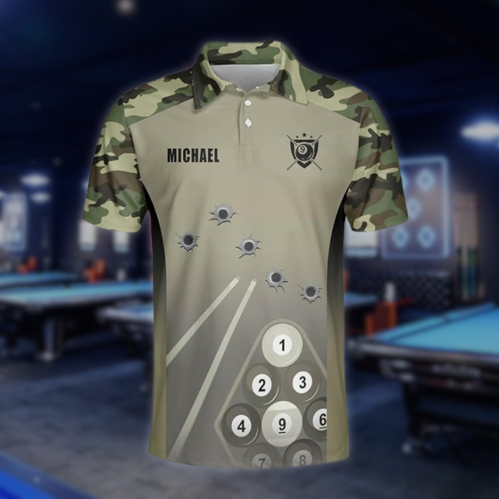 Custom Camo 9 Ball Billiard Polo Shirts For Mens, Custom Camouflage Billiard Shirts BLD0091