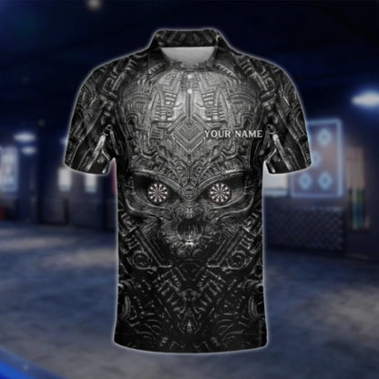 Custom Skull Black Grey Dart Polo Shirt Mens, Custom Team Skeleton Dart Shirts DAT0266