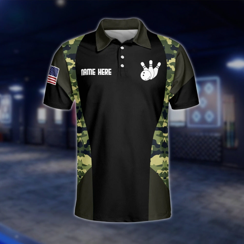 Camo USA Flag Custom Mens Bowling Polo Shirt, Custom Camouflage Bowling Team Shirts BZ0195 BOW0483