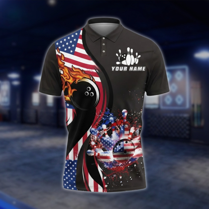 Personalized USA Flag Fire Ball Bowling Polo Shirt For Men, Custom Patriotic Bowling Shirts For Team BZ0756 BOW0163