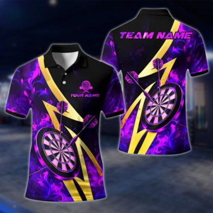 Custom Flaming Black Gold Mens Dart Polo Shirt, Custom Flame Dart Team Shirts DAT0384