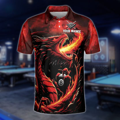 Custom Flame Dragon 8 Ball Billiard Men's Polo Shirts, Custom Dragon Team Billiard Shirts BLD0107