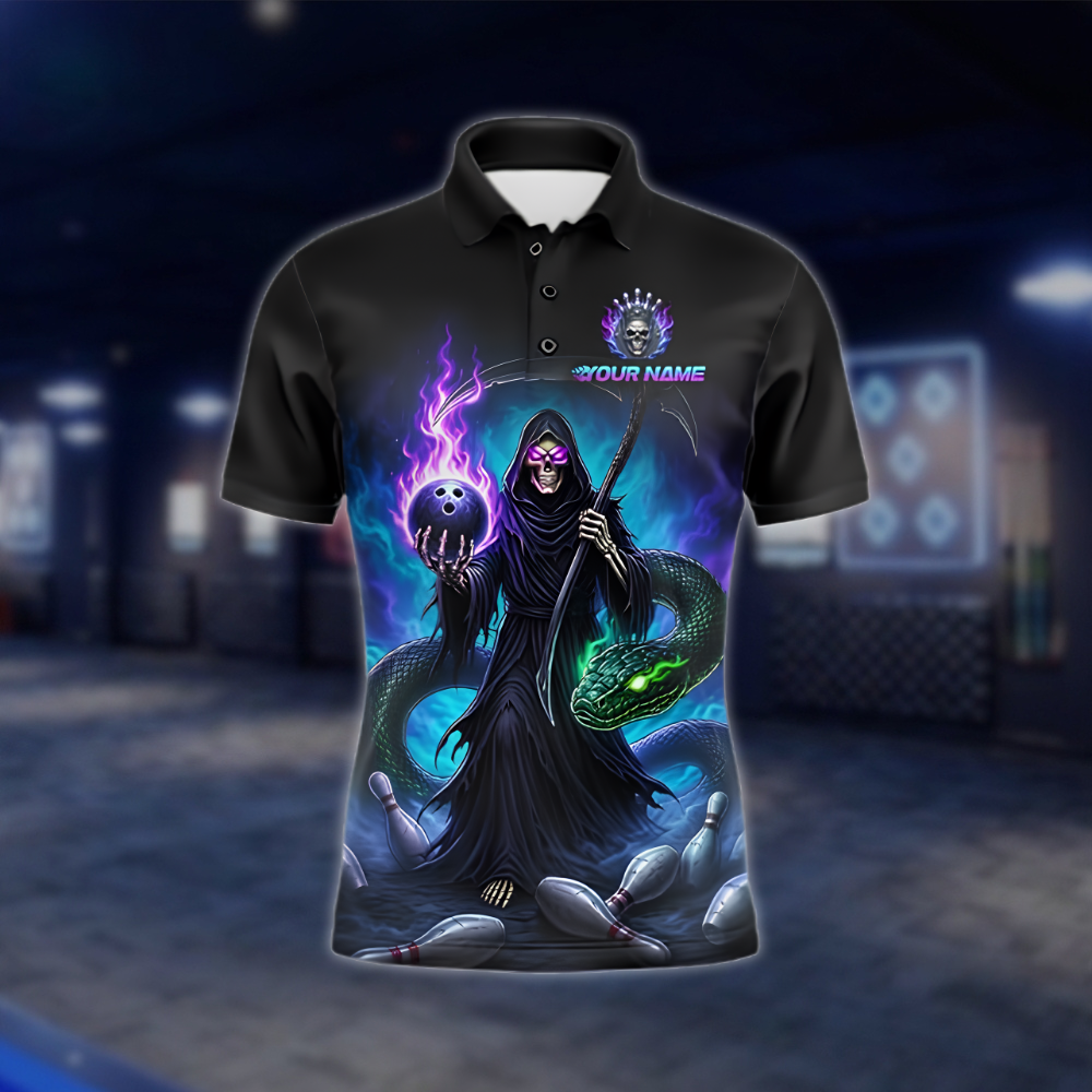 Personalized Skeleton Snake Bowling Polo Shirt Mens, Custom Skull Team Bowling Shirt BZ0915 BOW0011