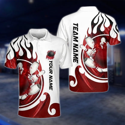 Flame Custom Blue And White Bowling Polo Shirt Mens, Custom Flame Bowling Team Shirts BZ0173 BOW0493