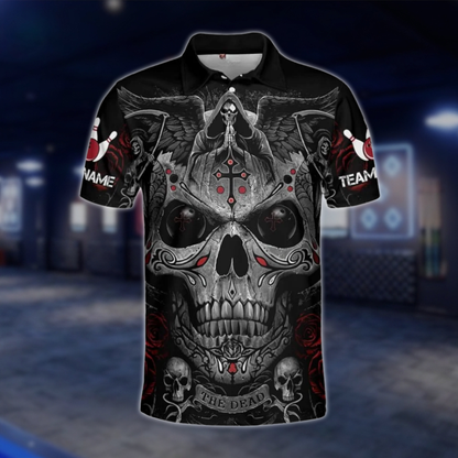 Personalized Reaper Skull Cross Bowling Polo Shirt For Men, Custom Skull Team Bowling Shirt BZ0782 BOW0125