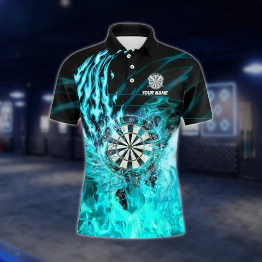 Custom Flaming Cyan Dart Polo Shirt For Men, Custom Flame Dart Team Shirt DAT0406
