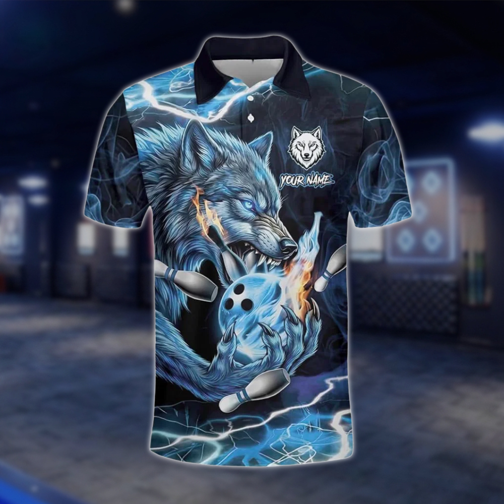 Personalized Wolf Blue Bowling Mens Polo Shirt, Custom Wolf Team Bowling Shirt BZ0773 BOW0134