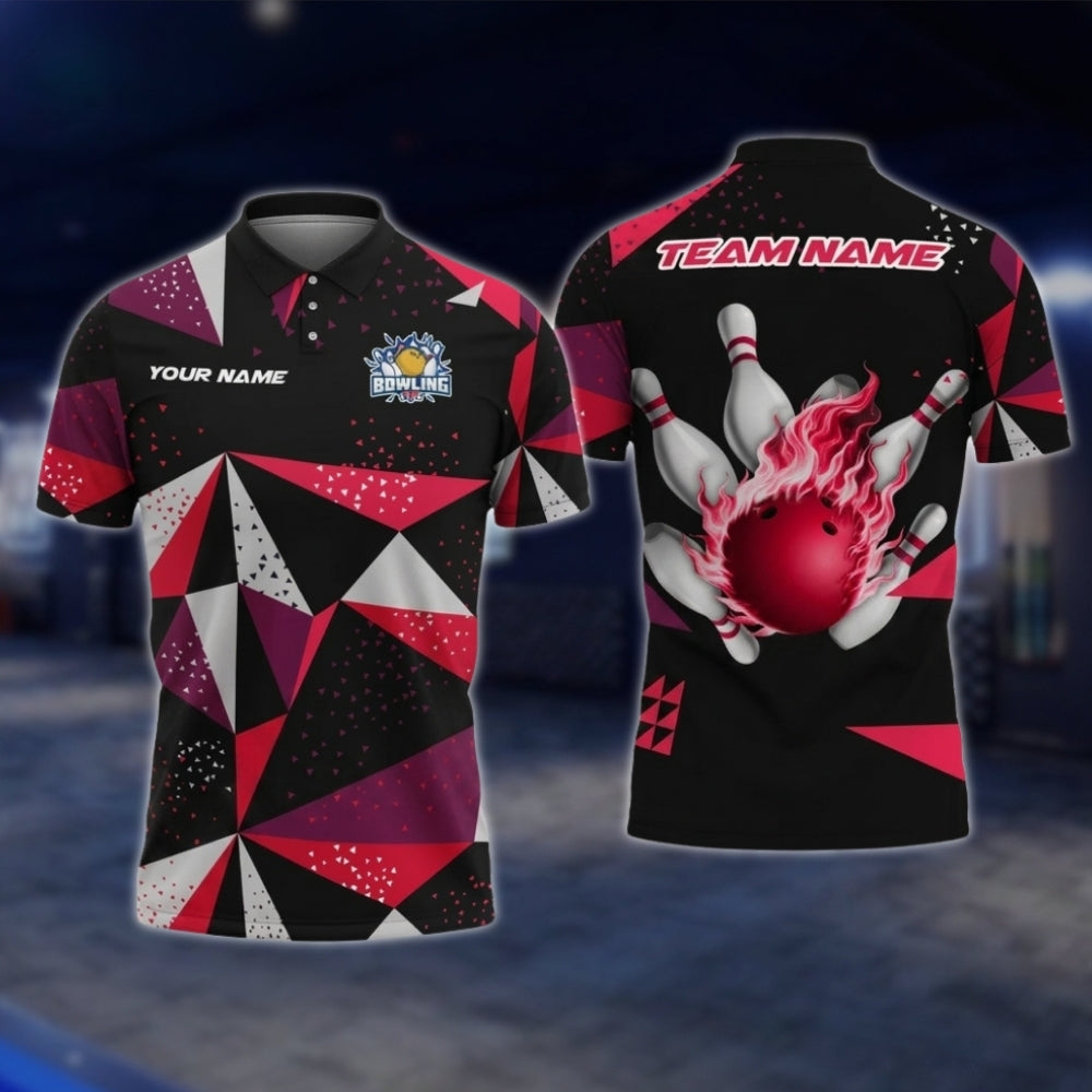 Personalized Geometric Polo Bowling Team Shirts For Men, White And Red Custom Bowling Shirts BZ0732 BOW0187