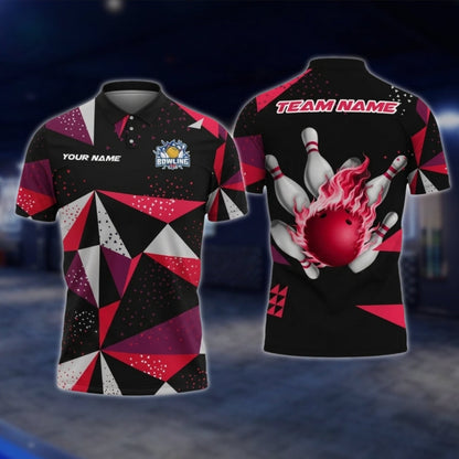Personalized Geometric Polo Bowling Team Shirts For Men, White And Red Custom Bowling Shirts BZ0732 BOW0187