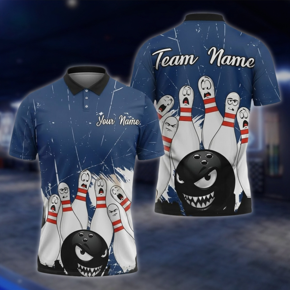 Angry Ball And Scary Pins Personalized Mens Bowling Polo Shirt, Custom Team Bowling Shirts BZ0854 BOW0094
