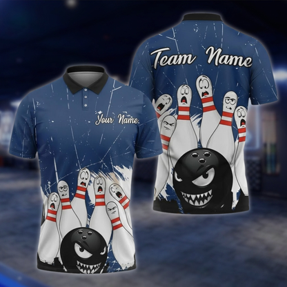 Angry Ball And Scary Pins Personalized Mens Bowling Polo Shirt, Custom Team Bowling Shirts BZ0854 BOW0094